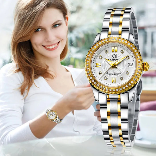 CARNIVAL Women Mechanical Watch Luxury Stainless Steel Bracelet Elegant Ladies Diamond Automatic Watch Relogio Feminino 8629