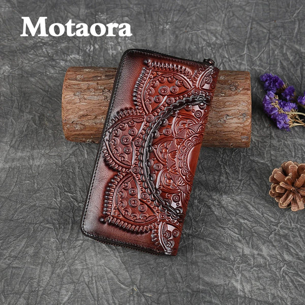 MOTAORA Retro Girl's Wallet Long Hand Bag Women's Leather Handmade Embossed Floral Phone Purse Chinses Style Ladies Card Holder