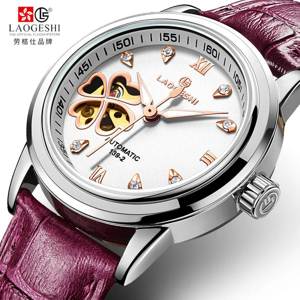 Women Automatic Mechanical Watches Diamond Four-leaf Clover WristWatches Ladies Rose Leather Watch Waterproof Senhoras Assistir