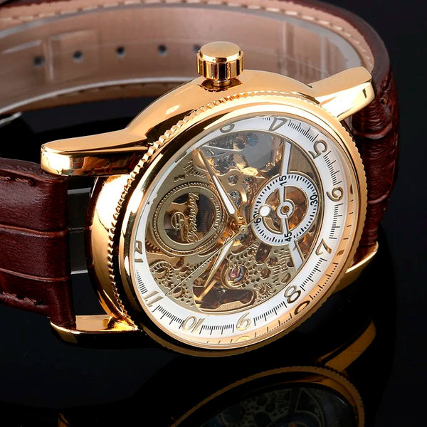 Retro Skeleton Watch 2023 New Mechanical Watch Luxury Watch Mens Watches Genuine Leather Band Clock Men Automatic Self Wind Hour