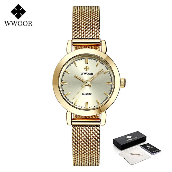 WWOOR Ladies Watches 2023 Top Brand Luxury Stainless Steel Mesh Band Gold Dress Watch Women Fashion Small Wristwatch Reloj Mujer