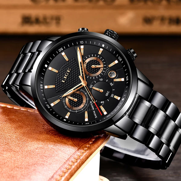 LIGE Mens Watches Top Luxury Brand Business Quartz Watch Men Military Sports Waterproof Dress Wristwatch Black Relogio Masculino