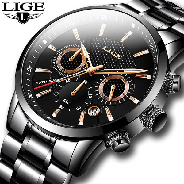 LIGE Mens Watches Top Luxury Brand Business Quartz Watch Men Military Sports Waterproof Dress Wristwatch Black Relogio Masculino