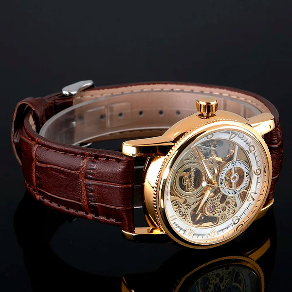 Retro Skeleton Watch 2023 New Mechanical Watch Luxury Watch Mens Watches Genuine Leather Band Clock Men Automatic Self Wind Hour