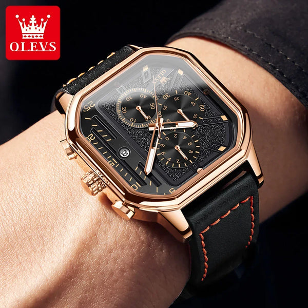OLEVS 9950 Quartz Great Quality Square Men Wristwatch Fashion Genuine Leather Strap Waterproof Watches for Men Luminous Calendar