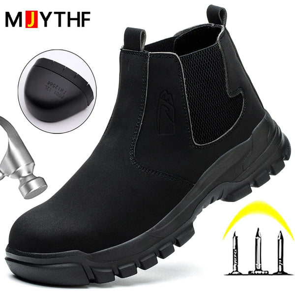 Men Security Leather Boots Steel Toe Shoes Puncture-Proof Work Boots Waterproof Indestructible Shoes Chelsea Boots Protective