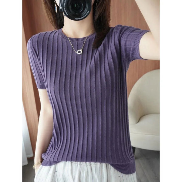 2023 New Summer Fashion Commuting Simple Round Neck Pit Knit Slim Fit Relaxed Solid Color Versatile Short Sleeve Women's T-shirt