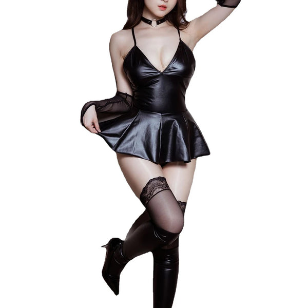 Sexy Women Black PU Leather Bodycon Mini Dress Lingerie Club Wear Tight Sling Short Dresses Female Clothing
