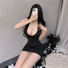 Summer New Women's Basic Sexy Sexy Black Dress with Deep V-neck Large Chest Spicy Girl Sexy and Hip Wrapping Mini Dress 1060