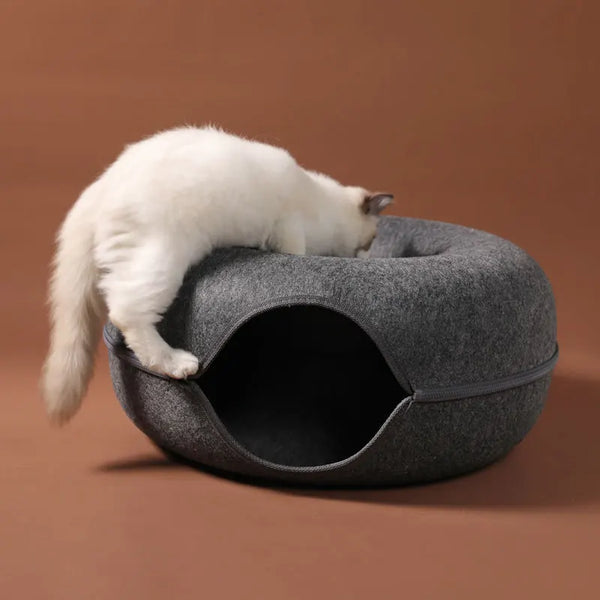 Donut Cat Bed for 2 Cats Pet Cat Tunnel Toys Kitten House Basket Interactive Play Toys for Cats Natural Felt Rabbit Cave Nest
