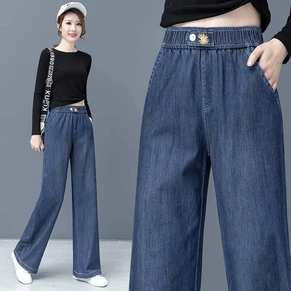 Elastic High Waist Straight Jean For Women Thin Summer Casual Wide Leg Denim Pants Korean Fashion Vaqueros Loose Pantalones 2023