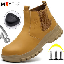 Men Security Leather Boots Steel Toe Shoes Puncture-Proof Work Boots Waterproof Indestructible Shoes Chelsea Boots Protective