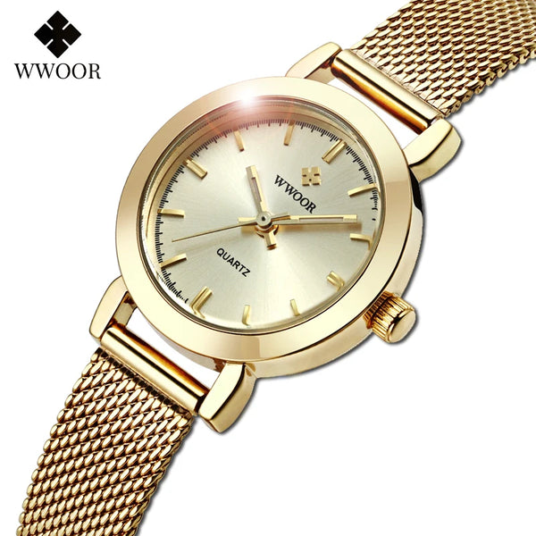 WWOOR Ladies Watches 2023 Top Brand Luxury Stainless Steel Mesh Band Gold Dress Watch Women Fashion Small Wristwatch Reloj Mujer