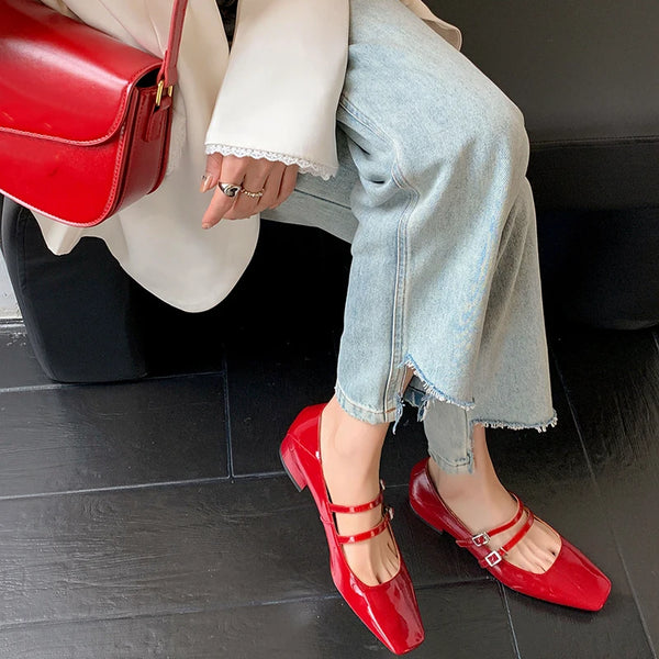 2024 Spring Women Mary Jane Shoes Ladies Fashion Shallow Square Toe Thick High Heel Women's Elegant Red Ballerinas Shoes
