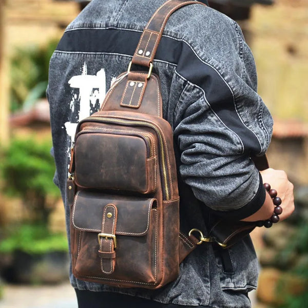 Luufan Genuine Leather Chest Bag Men Shoulder Sling Bag Male Vintage Crazy Horse Chest Pack Large Capacity Men Riding Bag