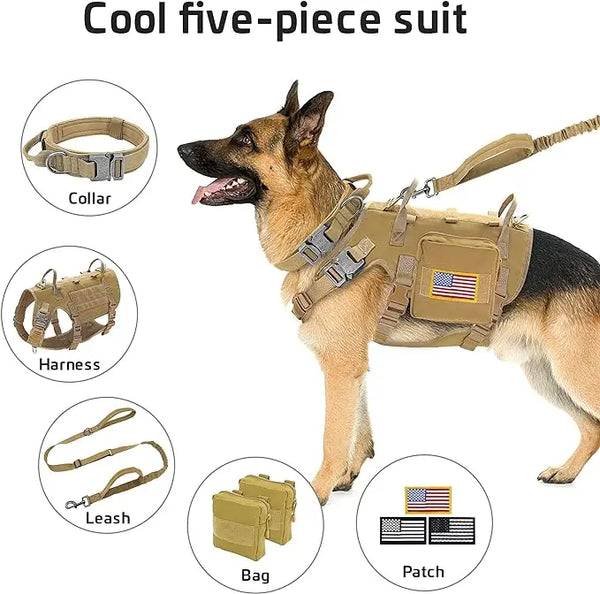 Tactical Military Dog Harness Collar Leash Set Durable Big Dog Training Harness Vest MOLLE For Large Dogs With Pouches Flag