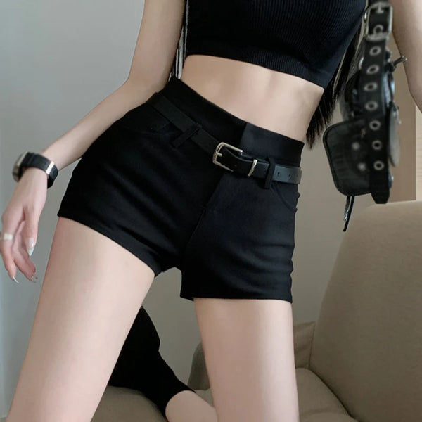 Women Vintage Black Shorts with Belt Sexy Slim Summer Korean Fashion StyleSolid Minimalist All-match Y2k Clothes