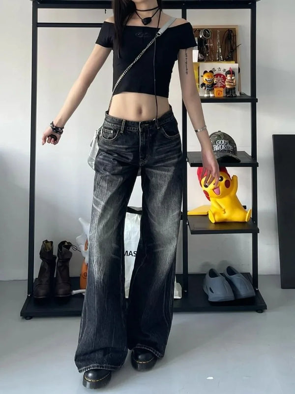 HOUZHOU Grunge Y2k Black Jeans Women Baggy Vintage High Street Oversized Denim Trousers Gothic Gyaru 2000s Acubi Fashion Jeans