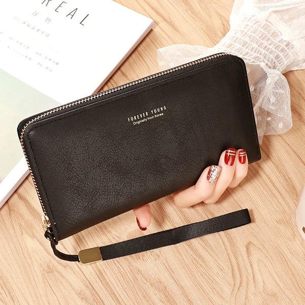 Forever Young Wallet Women Long PU Standard Wallets 2023 New Retro Female Smooth Zipper Purse Lady Wrist Bag Card Pockets