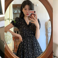 Floral One Pieces Korea Y2K Women's Dress Flower V Neck Sundress Puff Sleeve Backless Chiffon Dress Beach Mini Skirt Vacation