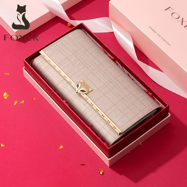 FOXER Women Split Leather Long Wallet Female Evening Clutch Bags Luxury Credit Card Holder Lady Trifold Coin Purse Fashion Purse