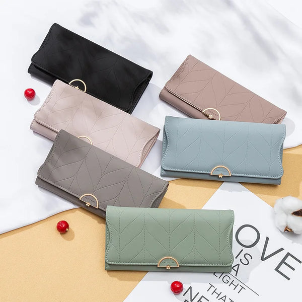 Korean Wallet Ladies Long Wallets Leather Solid Striped Coin Purse Bags Zipper Buckle Women New Trend Clutch Carteras Para Mujer